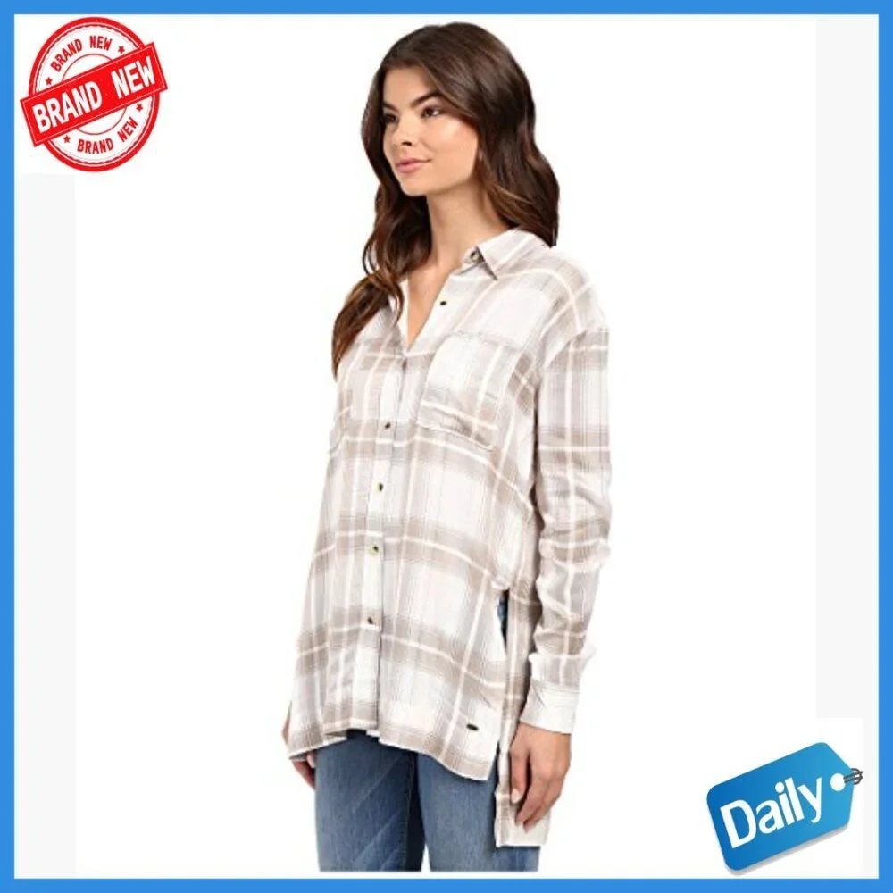 Long Sleeve Plaid Button Down Blouse Regular Fit Viscose Side Slits